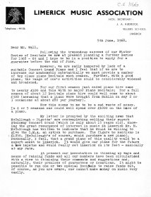 Letter on Limerick Music Association headed paper from John Ruddock, Honorary Secretary of Limerick Music Association to Mervyn Wall, Secretary of the Arts Council. (Page 1 of 2)